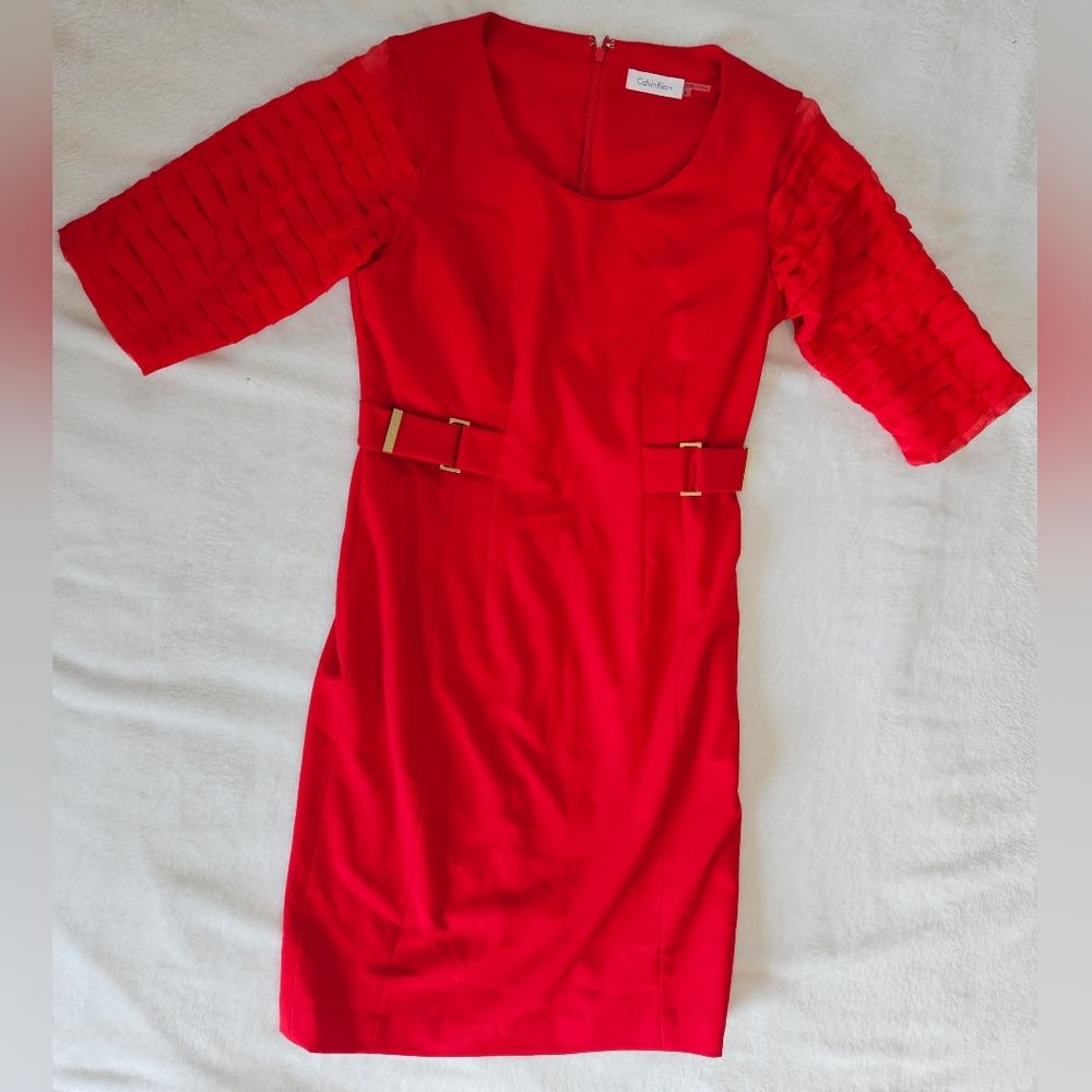 Calvin Klein womens size 4 red pencil midi dress with belt & 3/4 ruffle sleeves